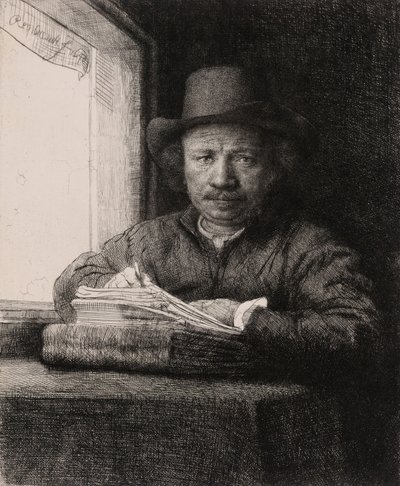 Zelfportret Tekenen bij een Raam door Rembrandt van Rijn